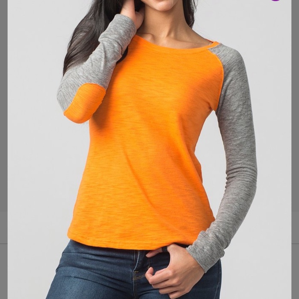 Orange & Grey Elbow-Patch Long Sleeve Top